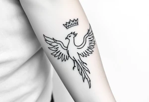 Minimal phoenix and crown fine lines tattoo idea