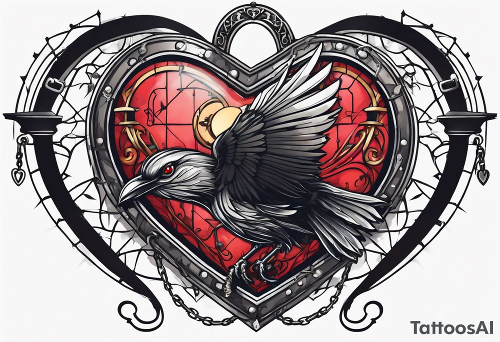 heart under lock and key with chains and a black bird flying away with the key tattoo idea