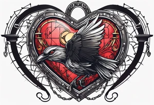 heart under lock and key with chains and a black bird flying away with the key tattoo idea
