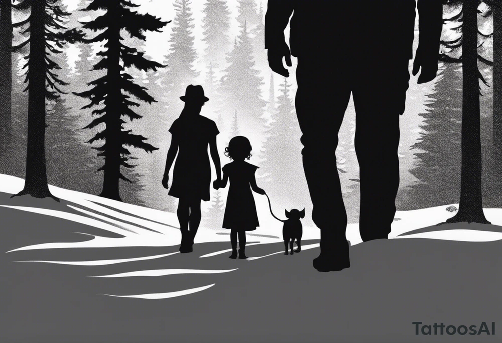 A shadow of a father and wife and young son and young daughter  walking through the Pacific Northwest Forrest. Mexican art. Trust in God tattoo idea