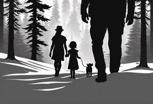 A shadow of a father and wife and young son and young daughter  walking through the Pacific Northwest Forrest. Mexican art. Trust in God tattoo idea