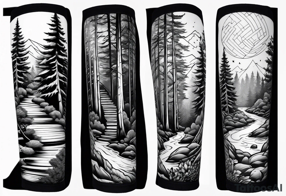 forearm sleeve, time, stairs, forest tattoo idea