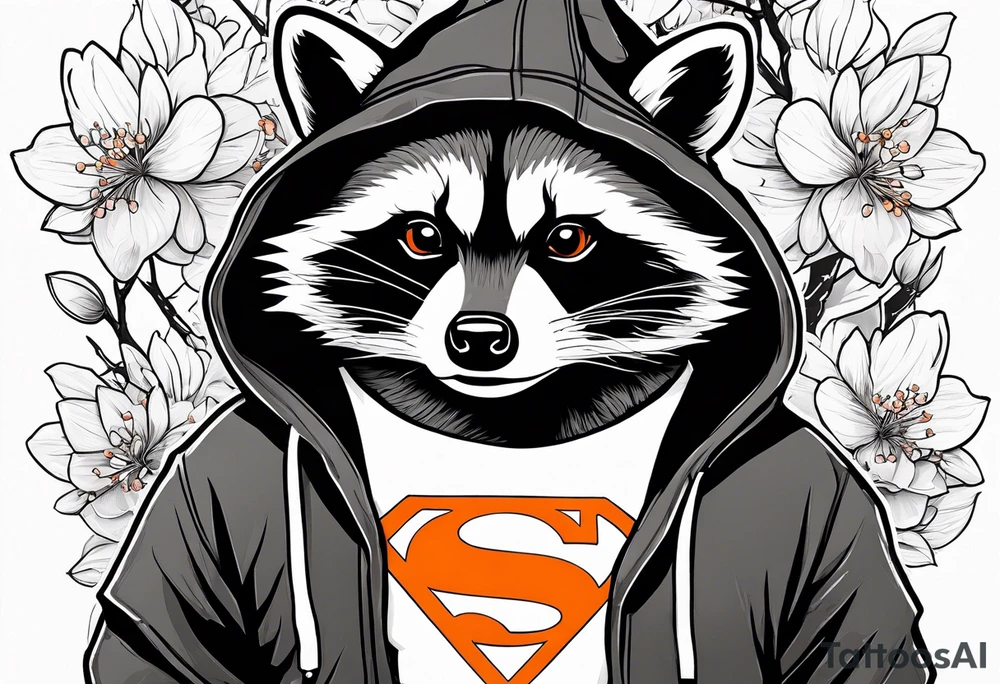 Raccoon wearing a white Superman logo on a black hoodie and orange Japanese cherry blossoms beside tattoo idea
