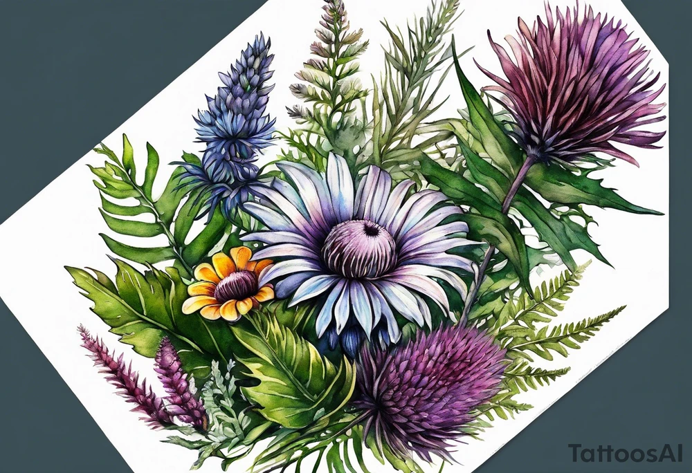 small vertical mixed wildflower bouquet with ferns, thistle and with watercolor tattoo idea