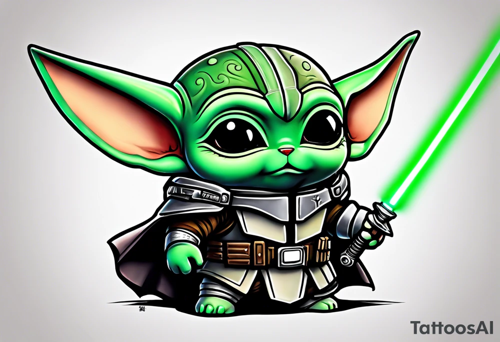 Baby grogu wearing mandalorian armor fighting Darth Vader while wielding a green lightsaber tattoo idea