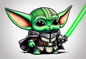 Baby grogu wearing mandalorian armor fighting Darth Vader while wielding a green lightsaber tattoo idea