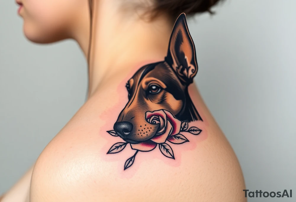 female  hound dog mix Brindle dog with the name kiwi . And a tiny rose around her . With her ears pointy a little big tattoo idea