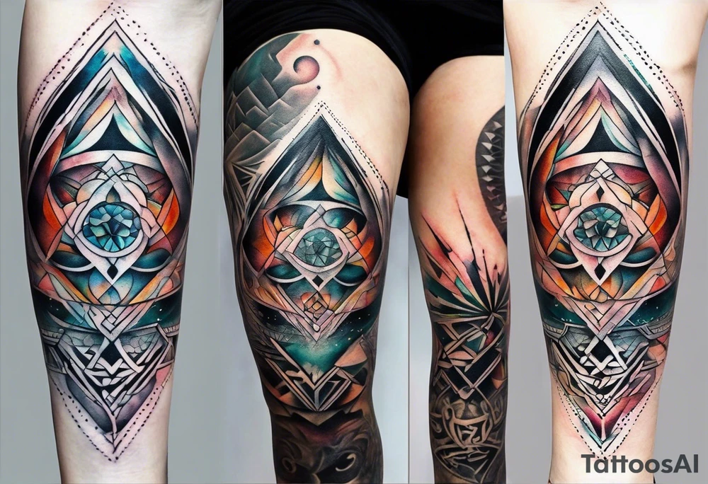 front knee tattoo with sacred geometry, swirls & washes, background washes tattoo idea