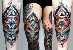 front knee tattoo with sacred geometry, swirls & washes, background washes tattoo idea