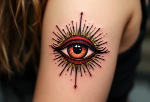 A crimson eye of Horus with black shading and golden rays extending outward. tattoo idea