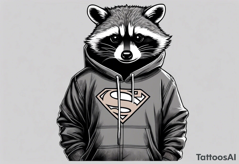 Raccoon wearing a Superman hoodie tattoo idea