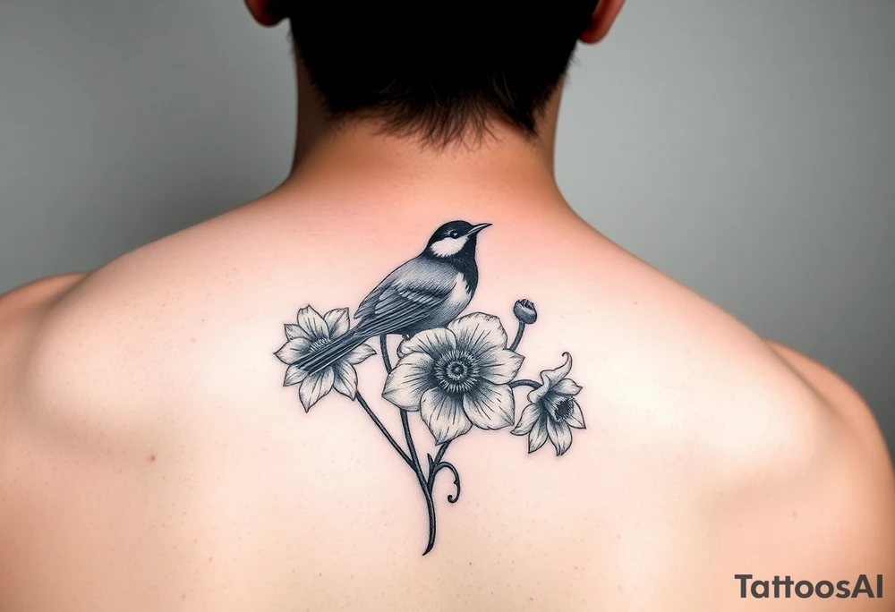 Small fantail with a poppy and a daffodil tattoo idea