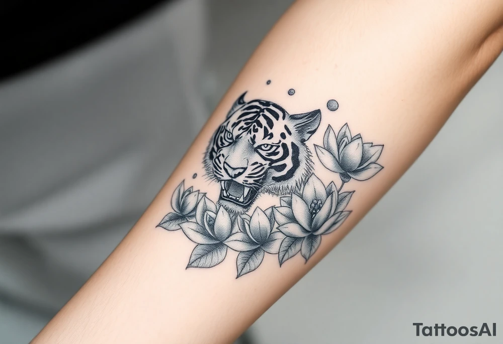 fierce tiger emerging through blooming lotus flowers in mist ganzer unterarm tattoo idea