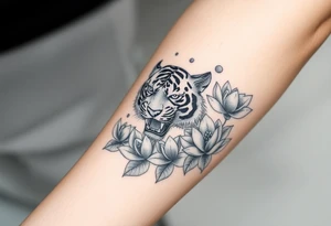 fierce tiger emerging through blooming lotus flowers in mist ganzer unterarm tattoo idea