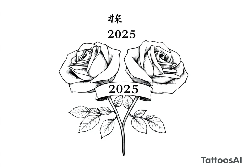 two beautiful rose buds, side by side, with many leaves and their stems intertwined, representing two people in love. Include a banner connecting the two roses with "2025" on it.  The word "Rose" written in Kanji above the drawing.  Dark outlines tattoo idea