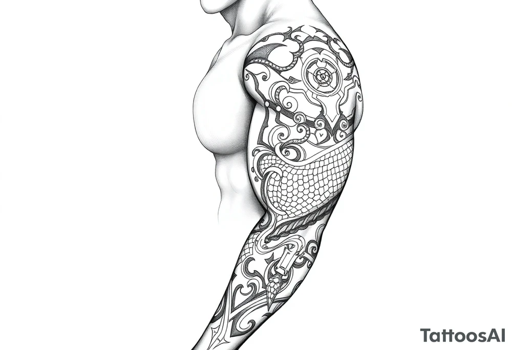Sicilian Forearm tribal sleeve with patterns and symbols with snake scales tattoo idea