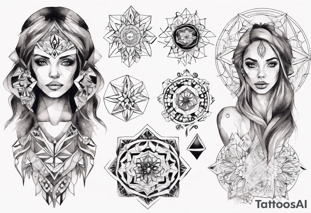 beautiful woman mixed with geometric objects like a mandalas tattoo idea