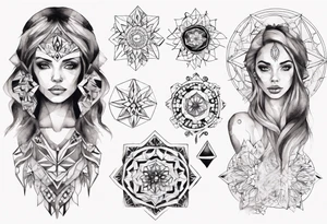 beautiful woman mixed with geometric objects like a mandalas tattoo idea