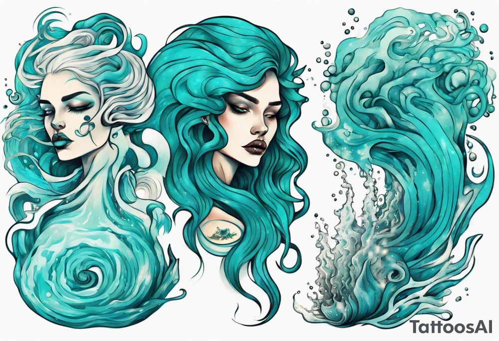 a tall woman made of water with turquoise hair surrounded by ocean waves tattoo idea