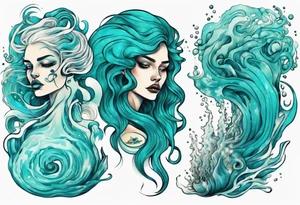 a tall woman made of water with turquoise hair surrounded by ocean waves tattoo idea