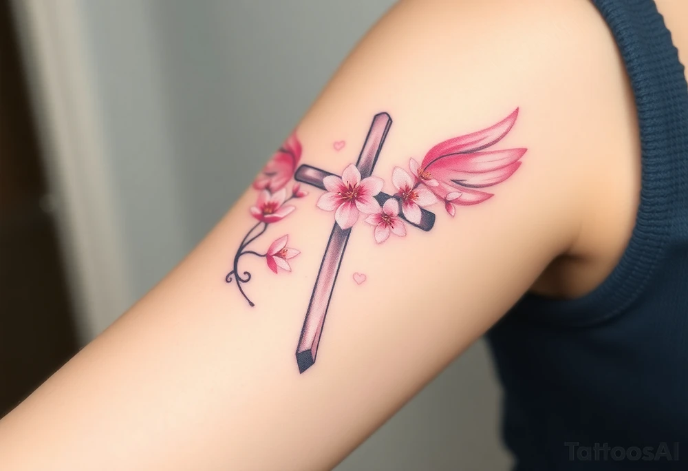 A cross with cherry blossoms growing along its frame, with delicate pink and white feathery wings tattoo idea