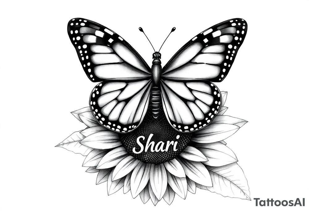 The central focus is a large butterfly with intricate wing patterns, which appears to be a monarch butterfly. It is resting on a sunflower, with its wings spread open.With the name Shari  in it tattoo idea