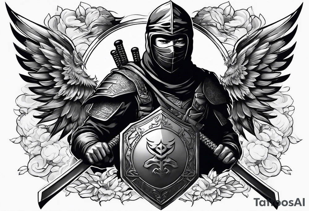 Ninja with wings holding shield tattoo idea