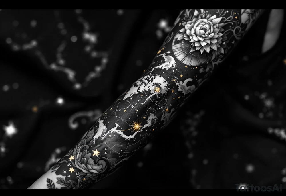 A realistic celestial globe in grayscale features the Libra constellation accented with golden stars. tattoo idea