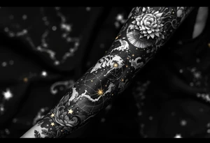A realistic celestial globe in grayscale features the Libra constellation accented with golden stars. tattoo idea