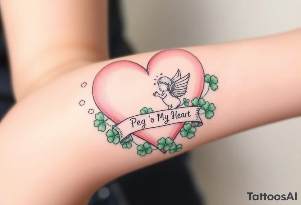a big pale pink heart and a cute angel in a bunch of green shamrocks, with a banner across the heart that says Peg 'o My Heart tattoo idea
