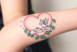 a big pale pink heart and a cute angel in a bunch of green shamrocks, with a banner across the heart that says Peg 'o My Heart tattoo idea