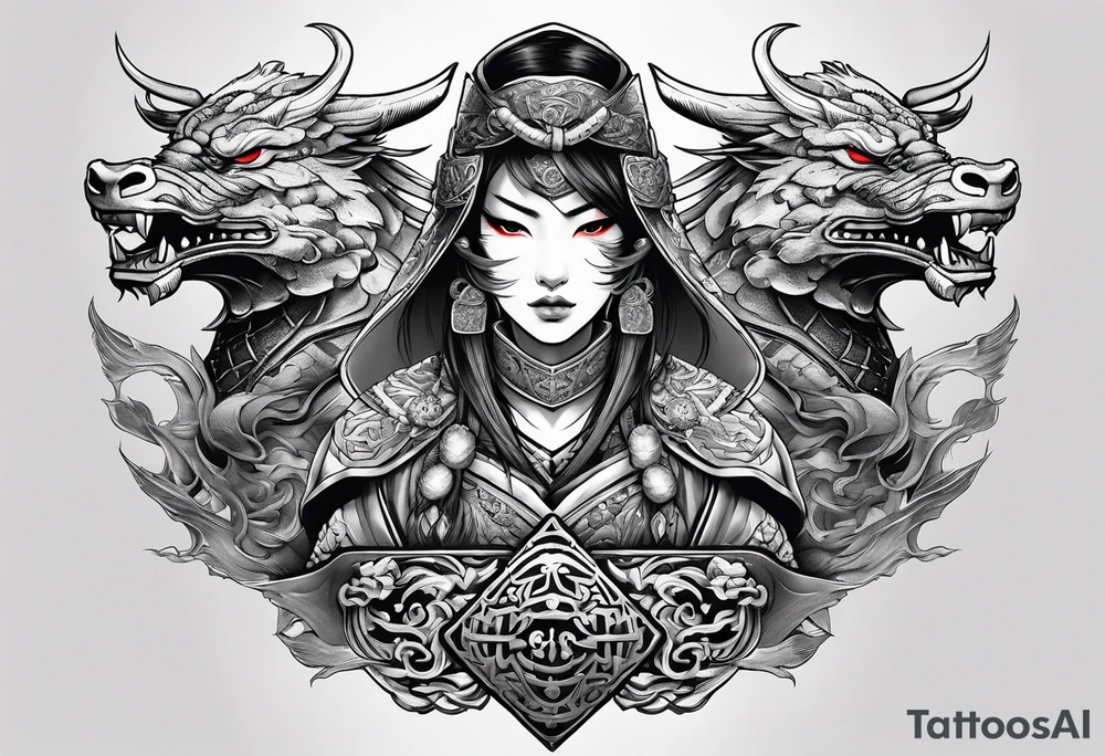 female warrior in samurai clothing half covering her face with a mask and twin dragons tattoo idea