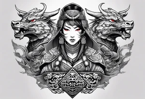 female warrior in samurai clothing half covering her face with a mask and twin dragons tattoo idea