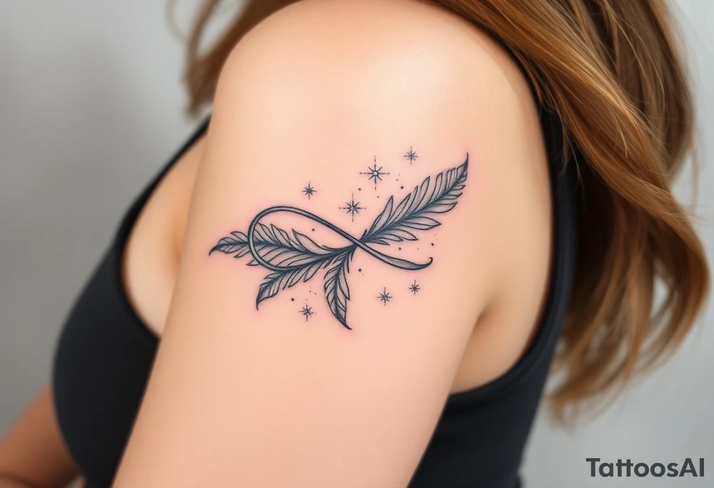 infinity symbol woven with floating feathers and stardust tattoo idea