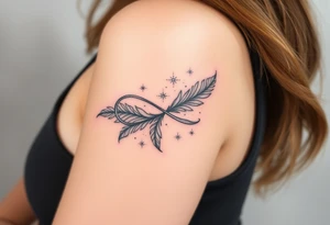 infinity symbol woven with floating feathers and stardust tattoo idea