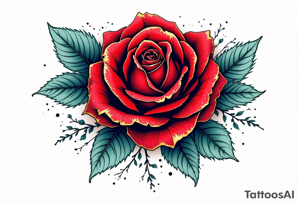 A vibrant deep red rose at the center of the design, its petals rich with shading and subtle gradients, giving it a realistic appearance. The rose symbolizes passion, love, and beauty, with golden highlights on the edges of the petals to add depth and a touch of elegance. tattoo idea