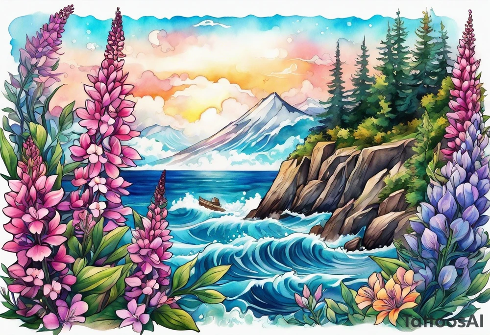 ocean surrounded by lupin and fireweed vines tattoo idea