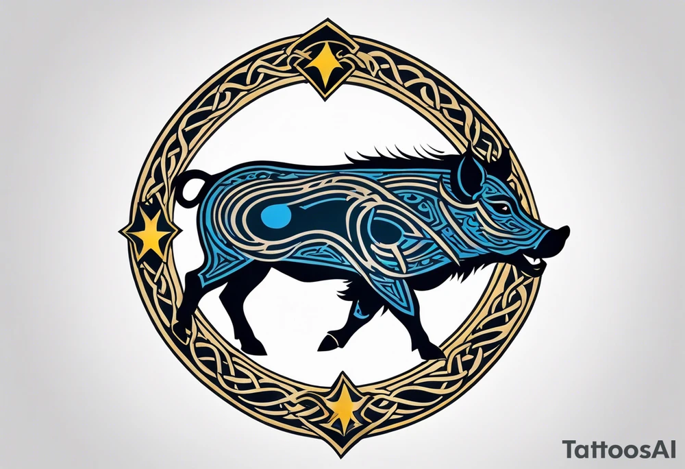 Side profile, Celtic, tribal, wild boar, On a Chatwin family crest with blue background, two gold stars, and a gold Chevron, and a Thistle. With bold black tribal lines. ancient Celtic, tribal boar tattoo idea