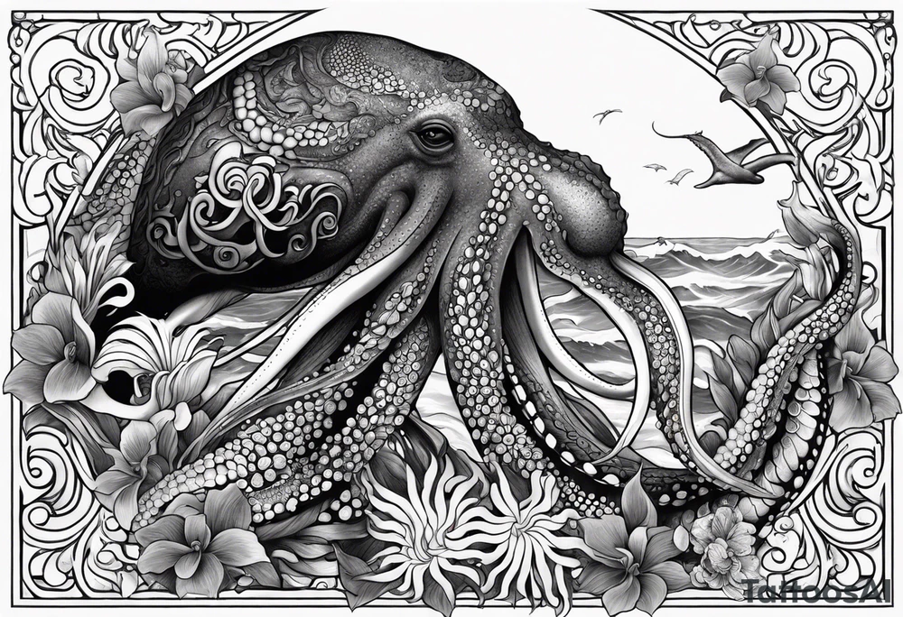 Half sleeve with octopus on shoulder and humpback whale on arm with Hawaiian flowers tattoo idea