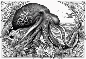 Half sleeve with octopus on shoulder and humpback whale on arm with Hawaiian flowers tattoo idea