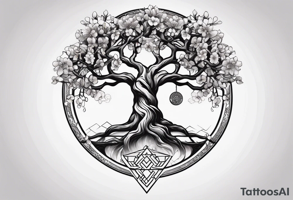yggdrasil, five or six cherry tree flower on the upper left, the logo of tommorowland, and on the background a geometrical shape tattoo idea