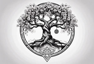 yggdrasil, five or six cherry tree flower on the upper left, the logo of tommorowland, and on the background a geometrical shape tattoo idea