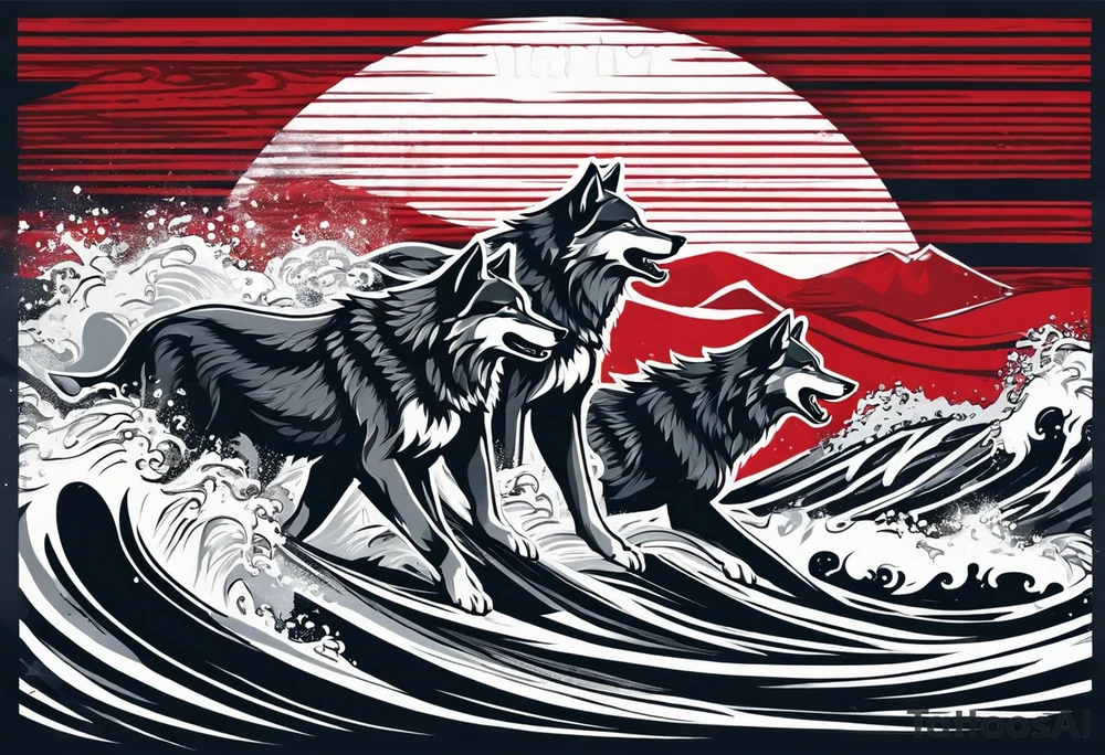 a pack of 3 howling muscular  gray wolves surfing waves with a linear background with red, white and black and gray including the word Howler in an aggressive script font tattoo idea