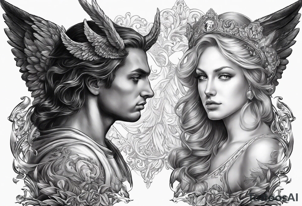 Here is the image of the angel and the devil gazing at each other, with the mirror-like effect transforming the angel into the devil. I hope it captures the concept you envisioned! tattoo idea