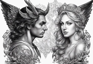 Here is the image of the angel and the devil gazing at each other, with the mirror-like effect transforming the angel into the devil. I hope it captures the concept you envisioned! tattoo idea