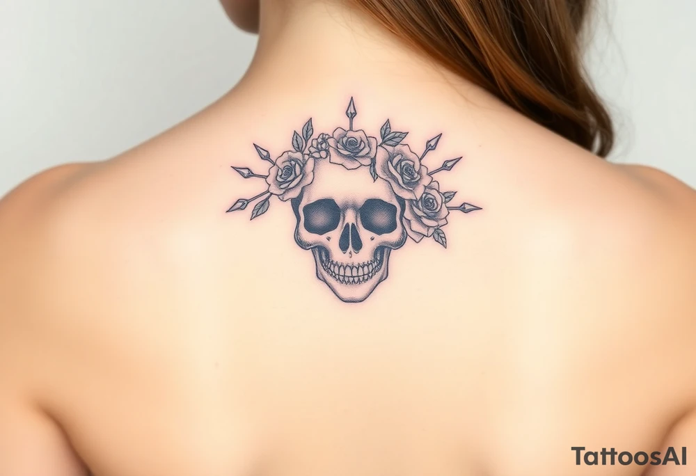 ornate skull adorned with crown of wild roses and thorns tattoo idea