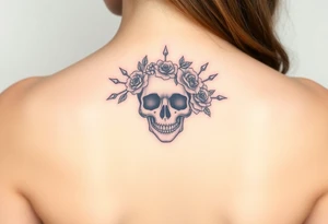 ornate skull adorned with crown of wild roses and thorns tattoo idea