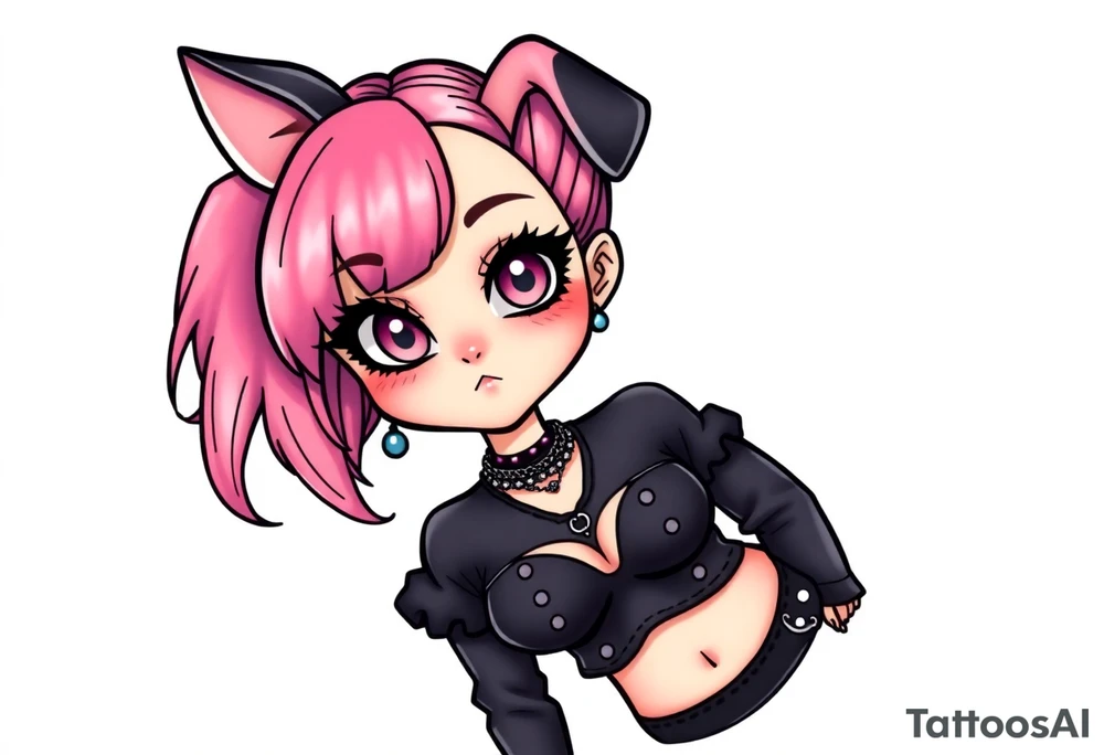 hot goth girl with puppy ears and with piercings on face and big boobs and big butt full body 
 with black outfit on with pink hair tattoo idea