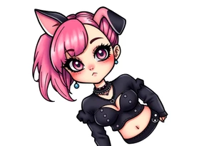 hot goth girl with puppy ears and with piercings on face and big boobs and big butt full body 
 with black outfit on with pink hair tattoo idea