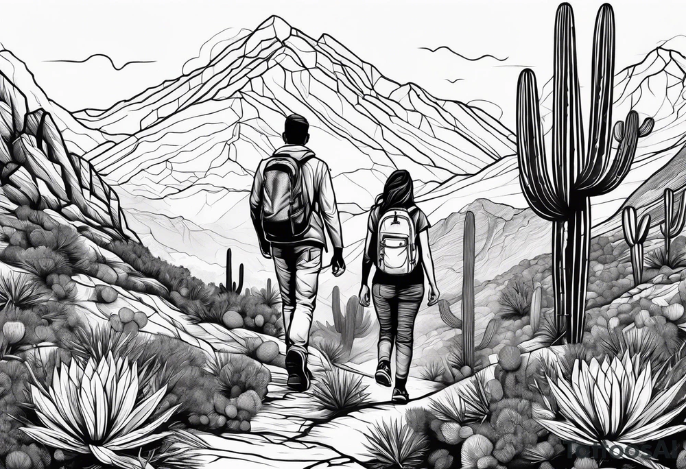 Man and woman hiking in mountains and cactus tattoo idea